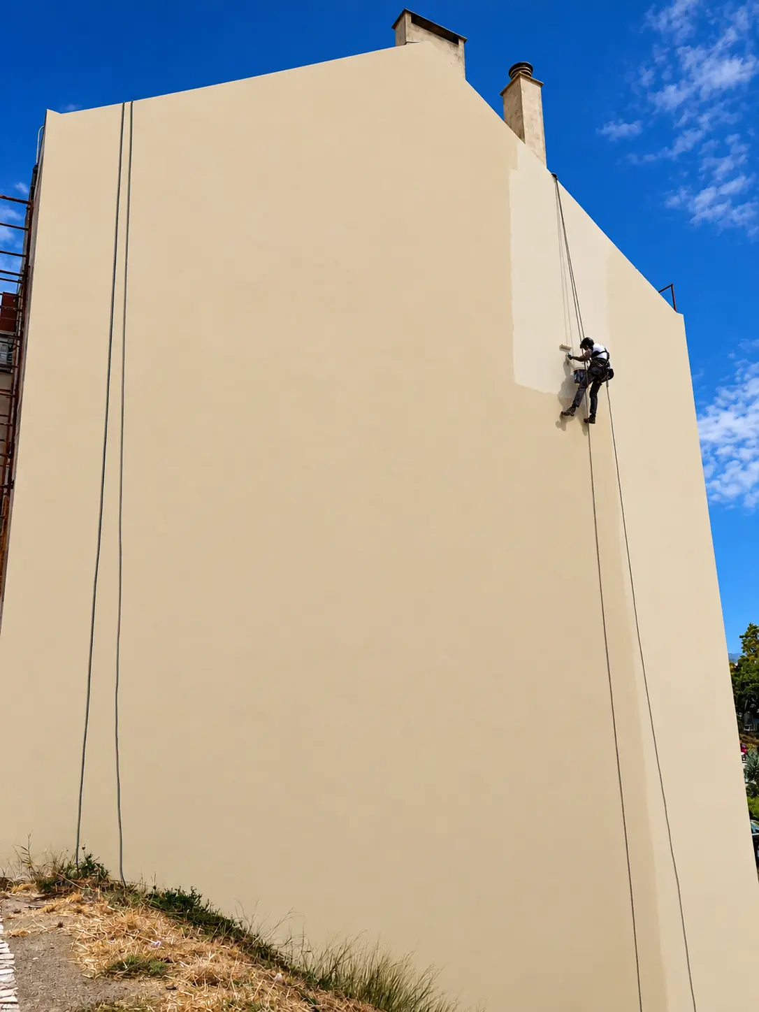 Técnico suspenso em cordas a pintar a empena de um edifício