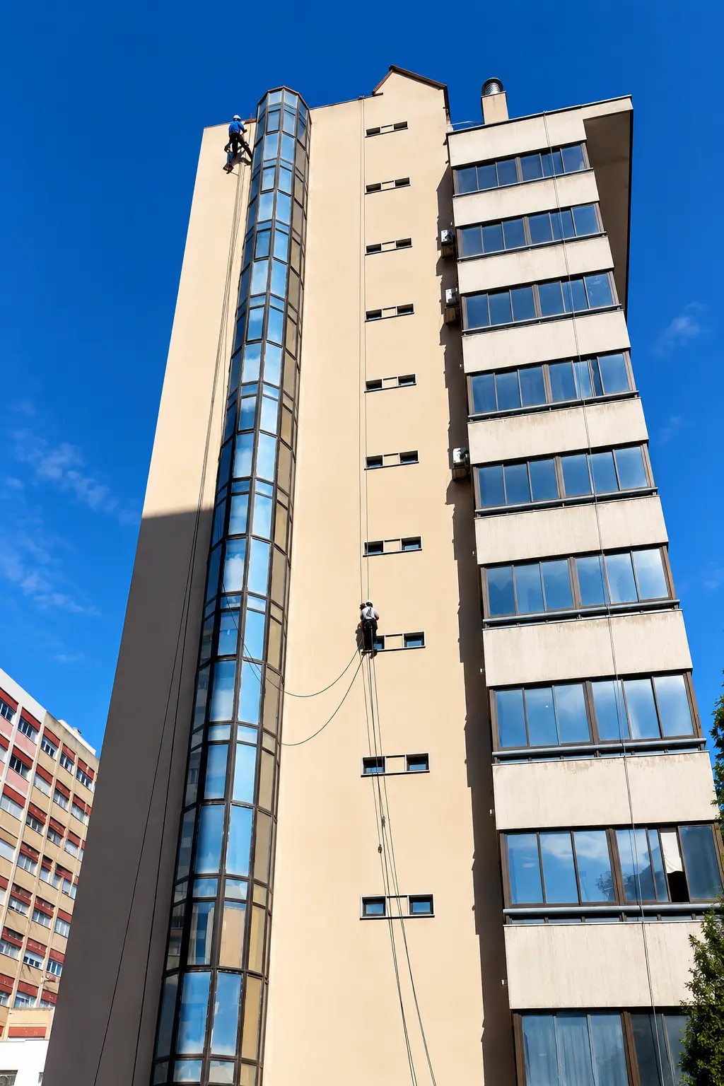 Dois técnicos em acesso por cordas numa torre de habitação com fachada envidraçada